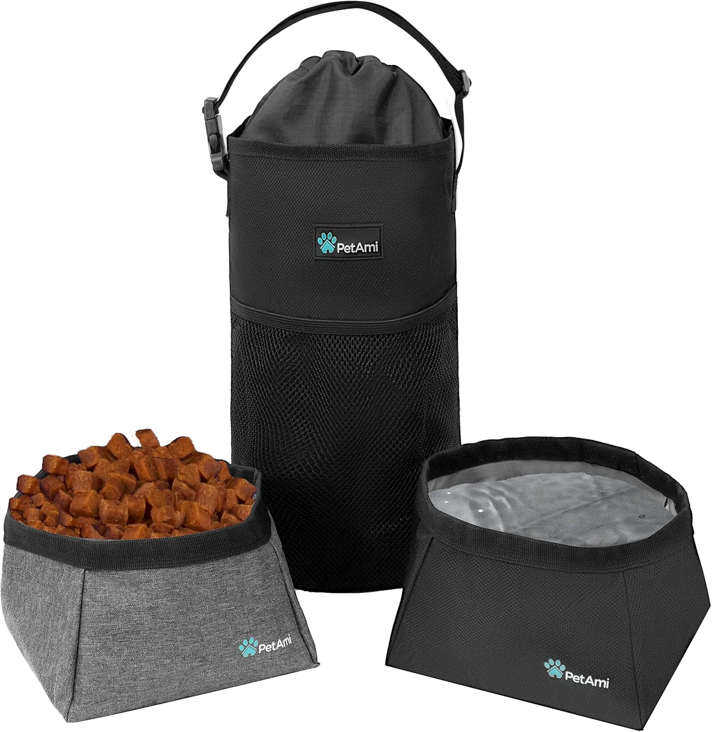 PetAmi Dog Food Travel Bag | Kibble Carrier for Dogs with Collapsible Dog Water Bowls Kit | Pet Food Travel Container Storage for Camping, Hiking Gear Accessories (Black, Grey)