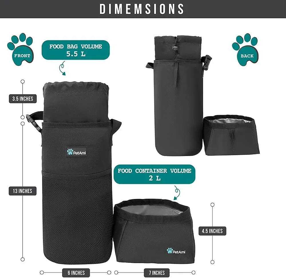 PetAmi Dog Food Travel Bag | Kibble Carrier for Dogs with Collapsible Dog Water Bowls Kit | Pet Food Travel Container Storage for Camping, Hiking Gear Accessories (Black, Grey)