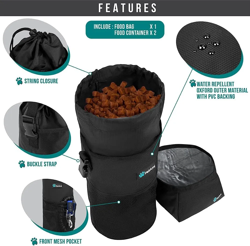 PetAmi Dog Food Travel Bag | Kibble Carrier for Dogs with Collapsible Dog Water Bowls Kit | Pet Food Travel Container Storage for Camping, Hiking Gear Accessories (Black, Grey)