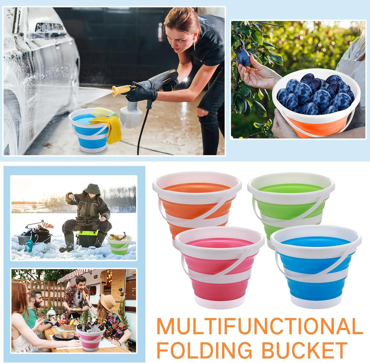 Pickmesh 4 Pcs Collapsible Bucket Portable Ice Bucket 2.6 Gallon (10l) Large Capacity Household Cleaning Dust Mops Outdoor Fishing Car Wash (Blue, Green, Orange, Pink)