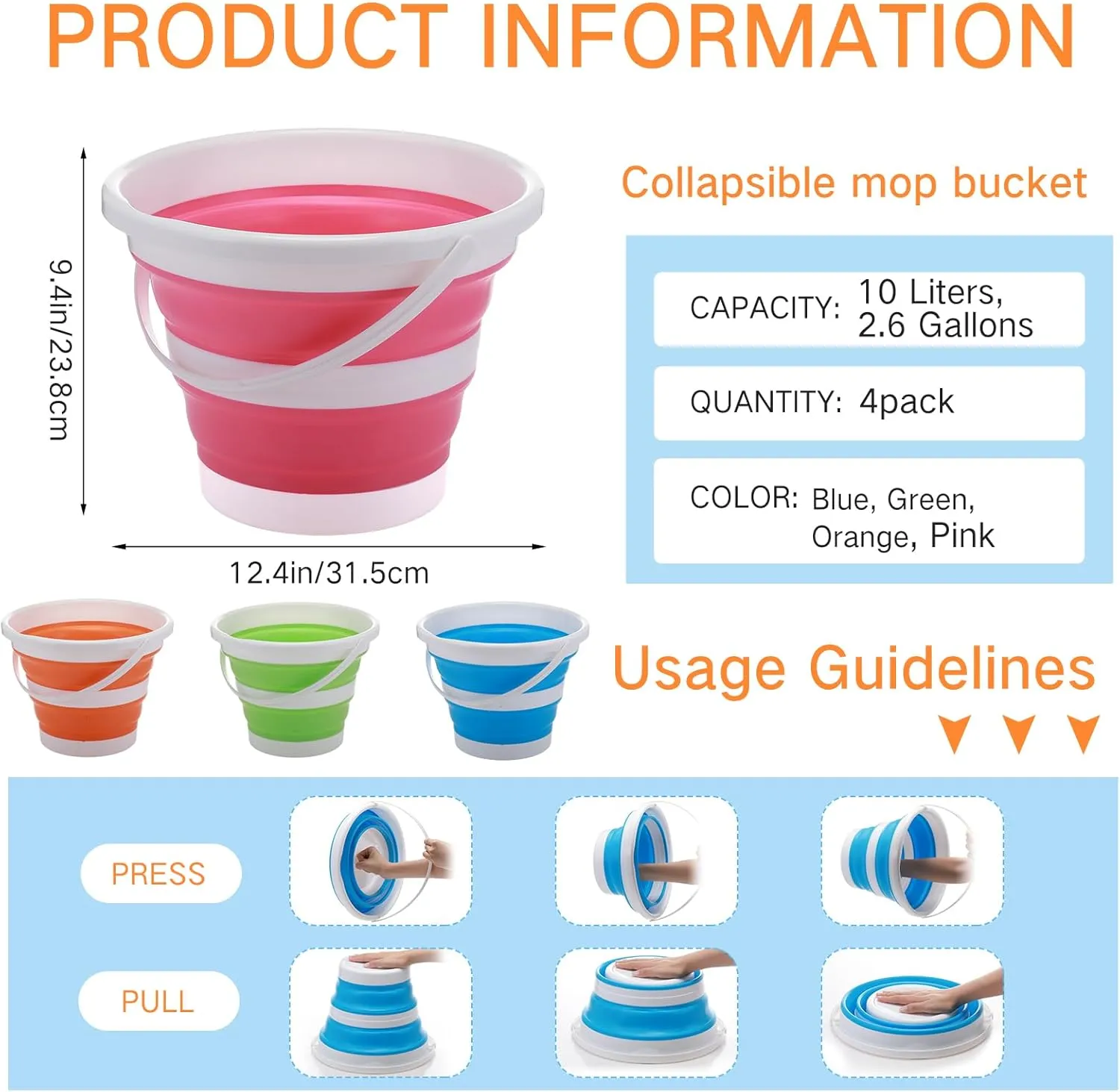Pickmesh 4 Pcs Collapsible Bucket Portable Ice Bucket 2.6 Gallon (10l) Large Capacity Household Cleaning Dust Mops Outdoor Fishing Car Wash (Blue, Green, Orange, Pink)