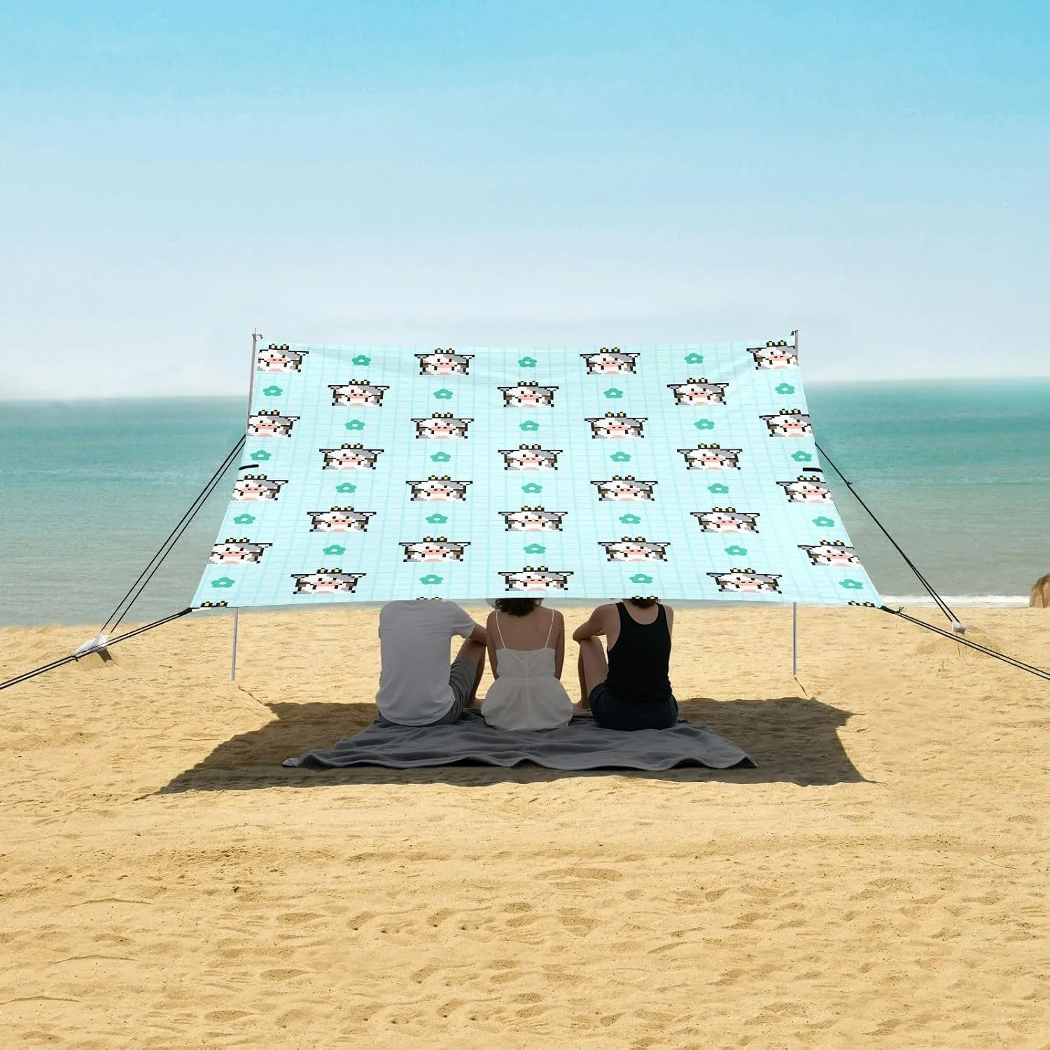 Pixel Art Cow Cartoon Pattern Beach Canopy Tent Anti-UV & Wind Resistant, Camping Sun Shelter Easy Setup Portable,Outdoor Shade Tents with Sandbags,Sand Shovels,Ground Pegs & Stability Poles