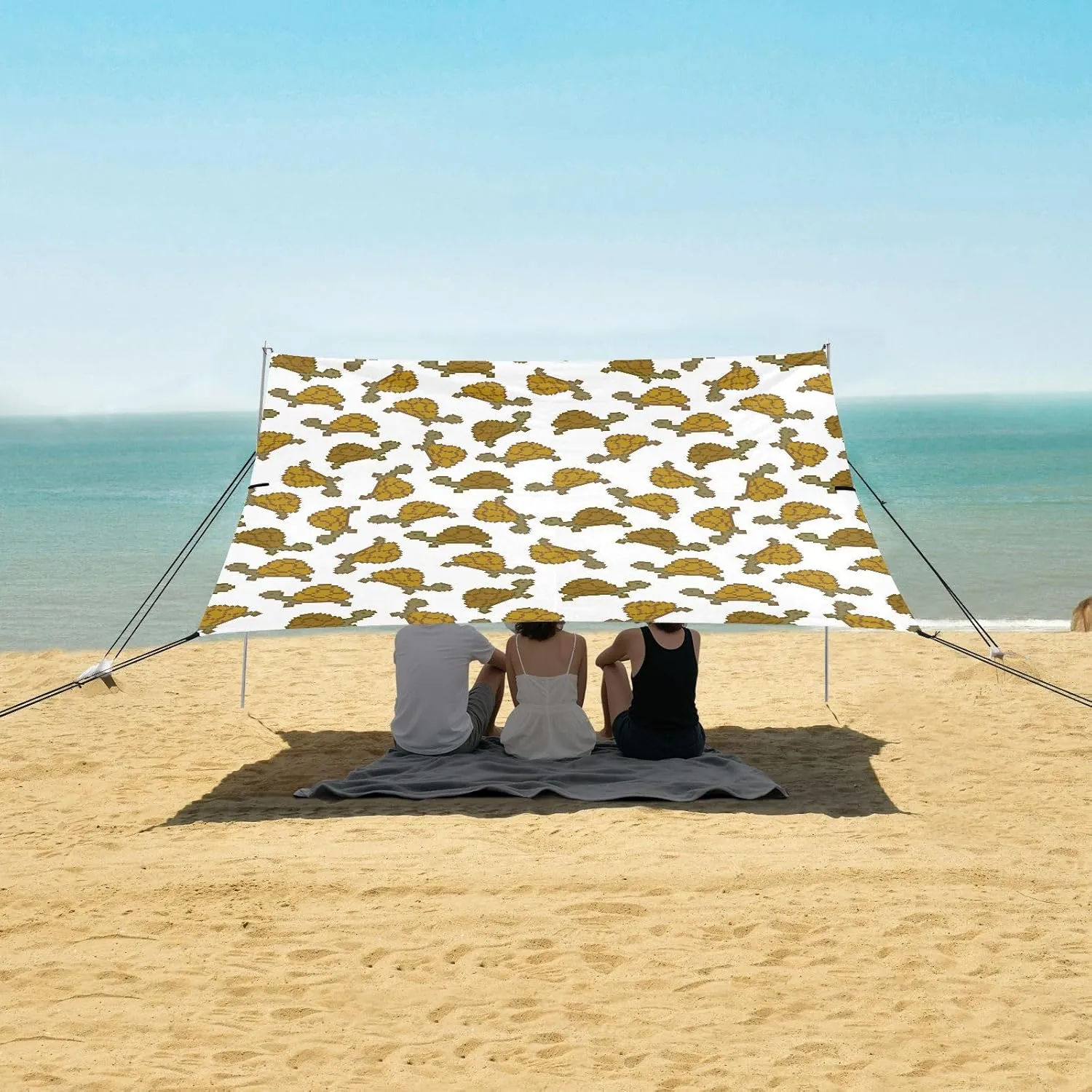 Pixel Turtle Seamless Pattern Beach Canopy Tent Anti-UV & Wind Resistant, Camping Sun Shelter Easy Setup Portable,Outdoor Shade Tents with Sandbags,Sand Shovels,Ground Pegs & Stability Poles