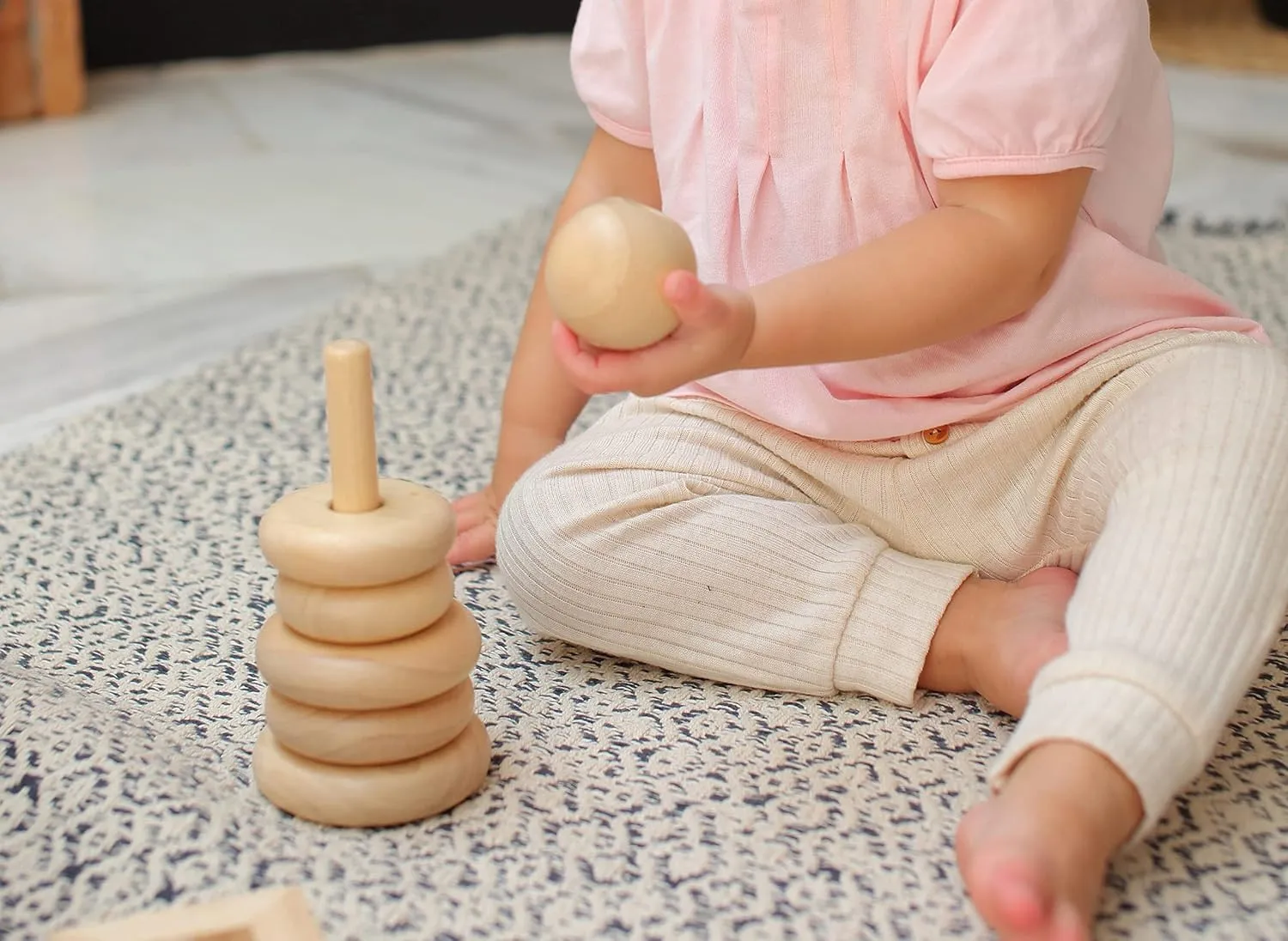 PlanToys Wooden Stacking Rings Baby Toy - Sustainably Made from Rubberwood Featuring Organic-Pigment Coloring and Water-Based Dyes with Collapsible Central Rod for Safety