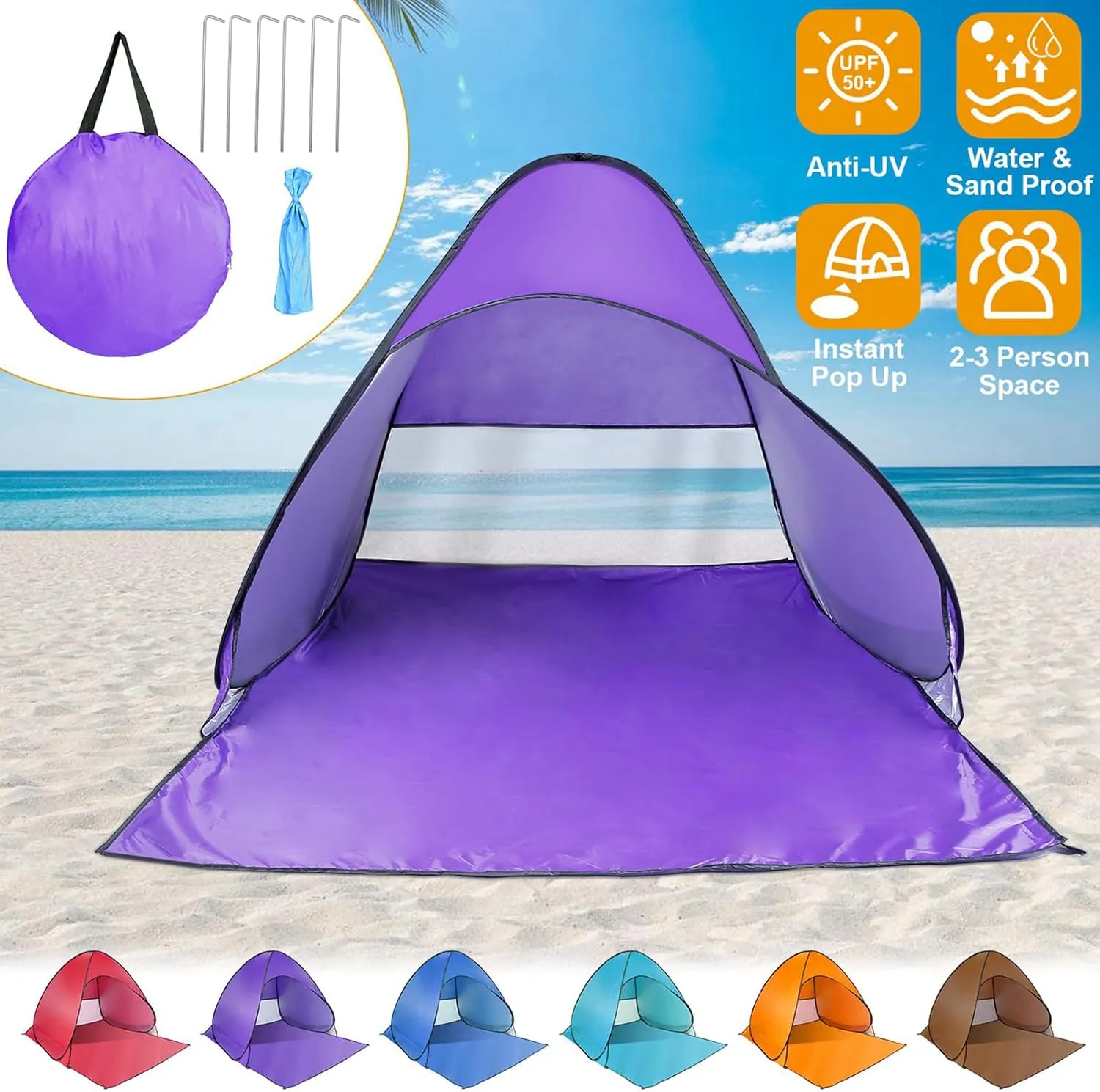 Pop Up Beach Tent for 2-3 Person, UPF50  Anti-UV Sun Shelter w/Storage Bag