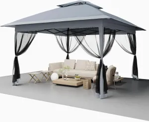 Pop-Up Gazebo, 13 x 13 Ft Canopy Tent, Patio Canopy Shelter, Instant Easy Set Up, Waterproof and UV-Resistant Proof, 4 Mosquito Mesh Nettings, Adjustable Height, Wheeled Carring Bag, Backyard Gazebos