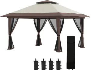 Pop Up Gazebo with Netting,Instant Canopy Tent Shelter with 2-Tier Roof, Wheeled Carry Bag,Water,Sand Bags for Outdoor,Garden,Parties,Beige