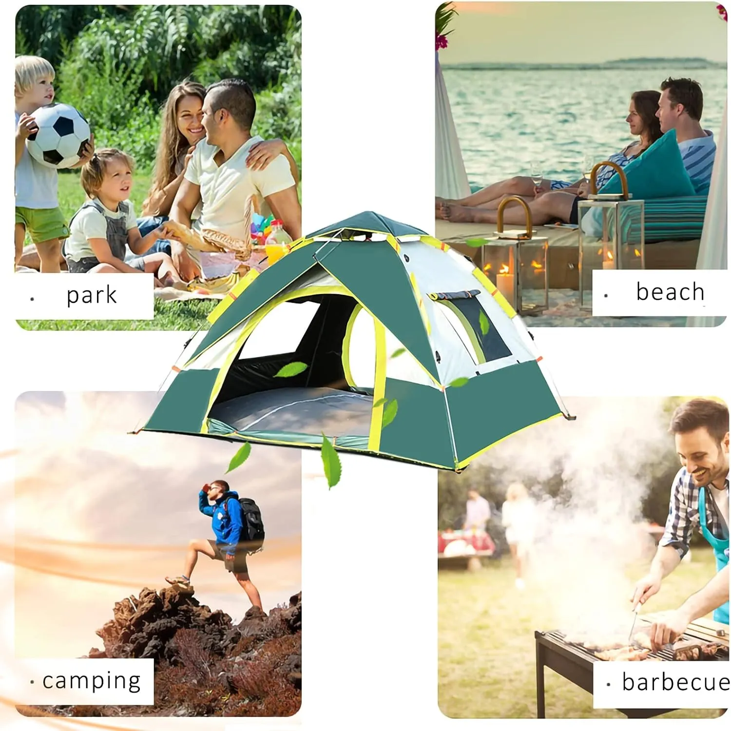 Portable Travel Campitent, Instant Family Tent Automatic Pop up with USB Campilight Can Accommodate 4 Persons Outdoor Beach Tent Shelter with 4 Window Screens-Portable/Foldable (a