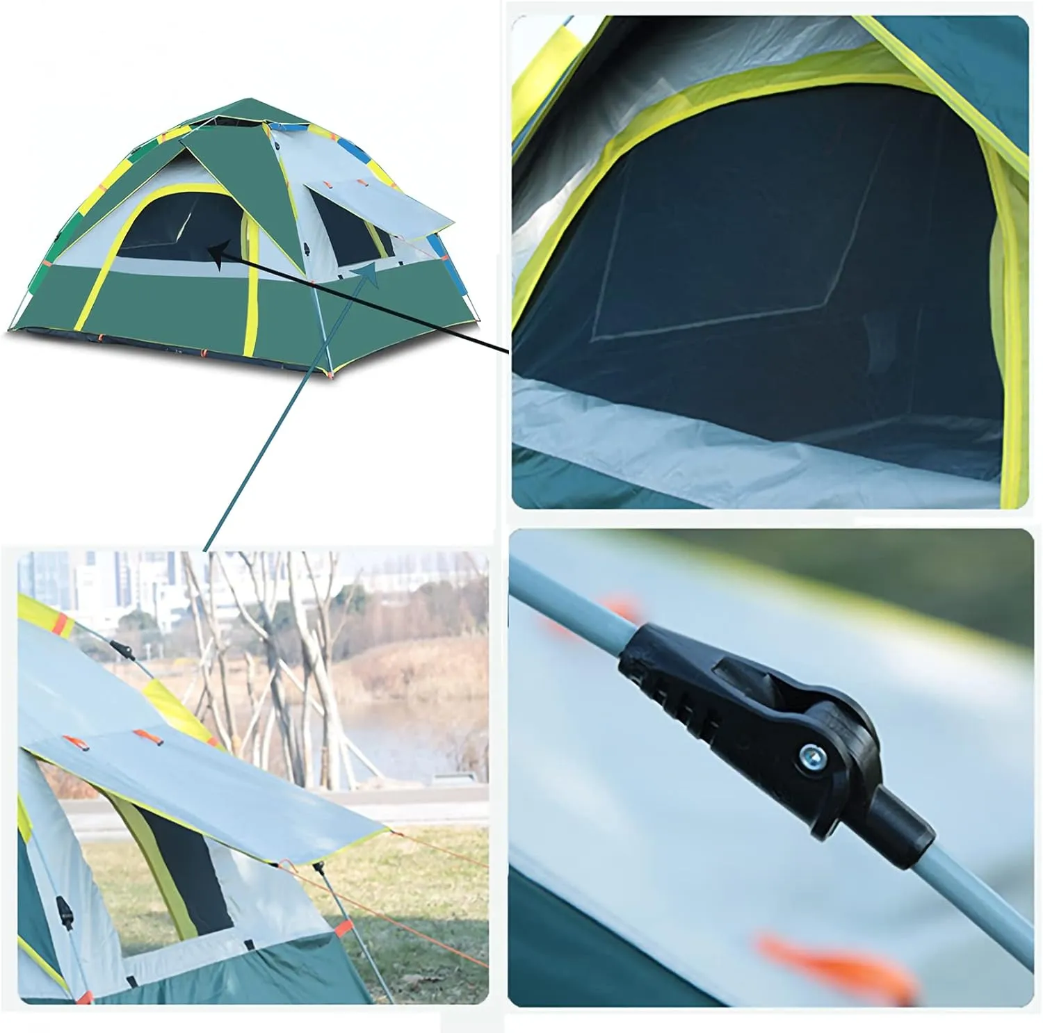 Portable Travel Campitent, Instant Family Tent Automatic Pop up with USB Campilight Can Accommodate 4 Persons Outdoor Beach Tent Shelter with 4 Window Screens-Portable/Foldable (a