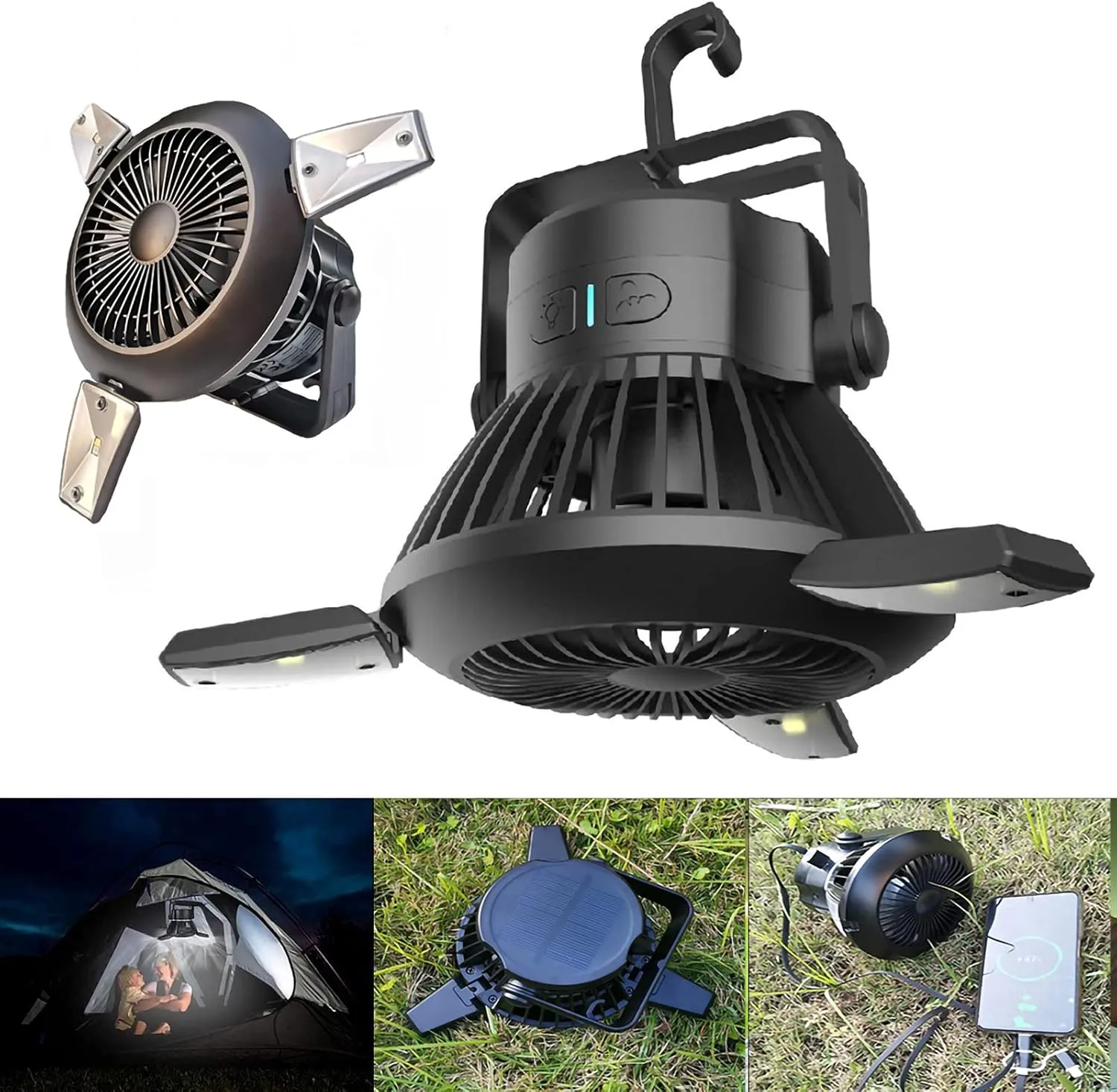 Portable Travel Waterproof Tent, 2 Person Family Tent with USB Solar Fan Campilight Automatic Pop-Up Outdoor Campitent 2 Breathable Anti-Mosquito Screen for Hiking, Beach, Picnic (