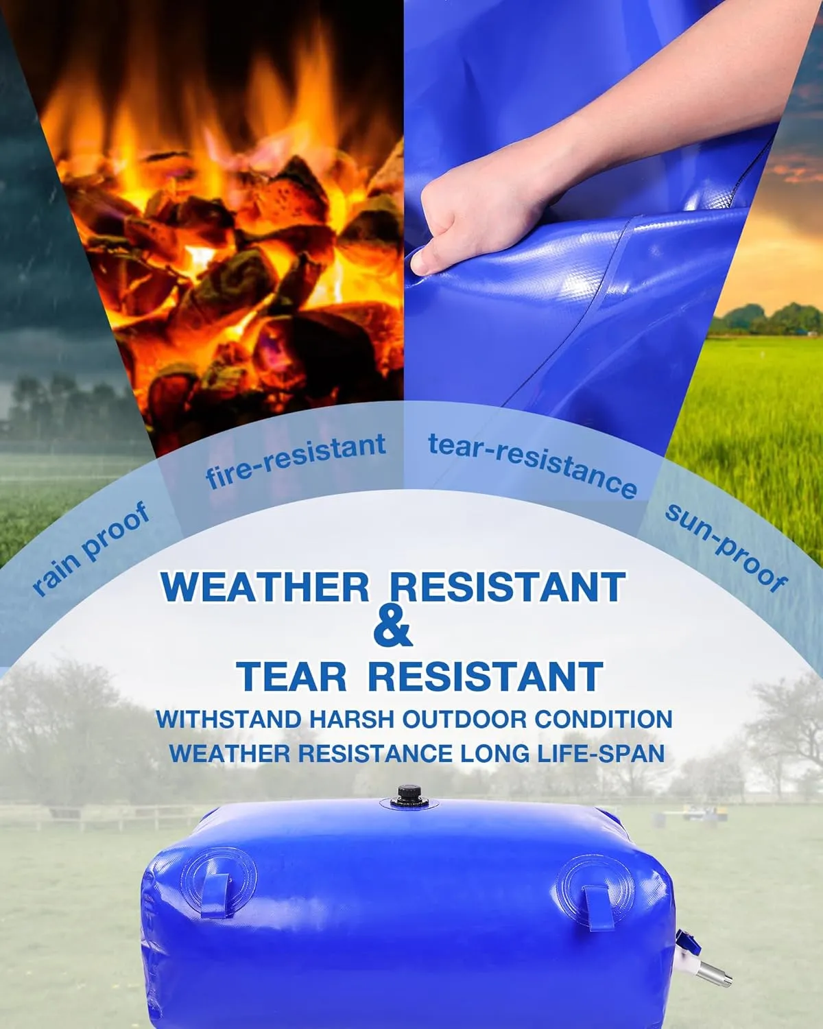 Portable Water Storage Bladder, 211gal/800L Large Capacity Water Storage Containers, Portable PVC Water Reservoir with valves and Overflow Kit, Foldable Water Tank for Outdoor Use, blue