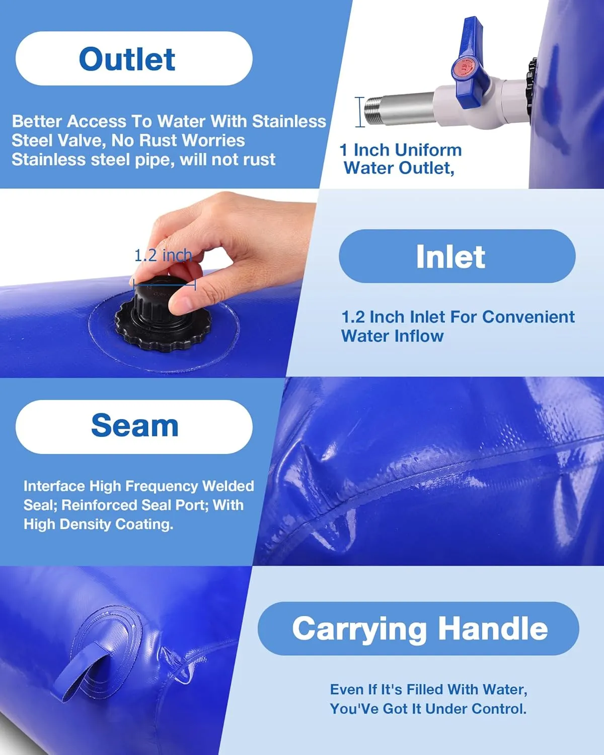 Portable Water Storage Bladder, 211gal/800L Large Capacity Water Storage Containers, Portable PVC Water Reservoir with valves and Overflow Kit, Foldable Water Tank for Outdoor Use, blue