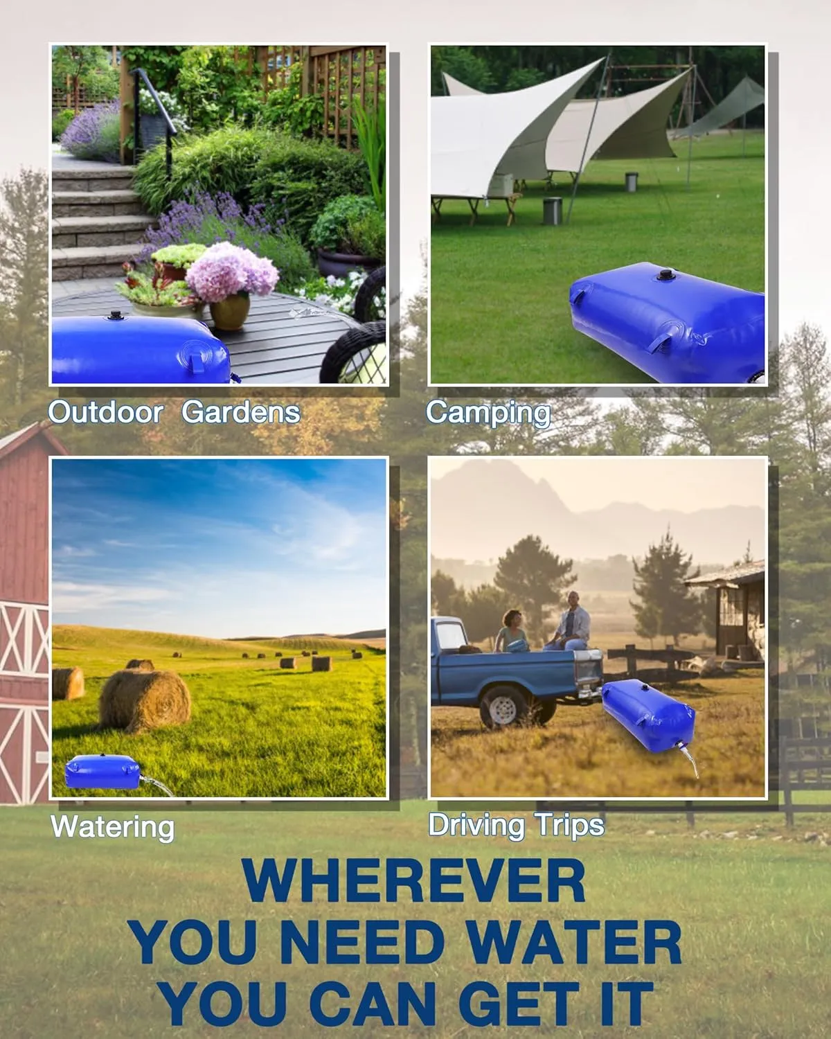 Portable Water Storage Bladder, 211gal/800L Large Capacity Water Storage Containers, Portable PVC Water Reservoir with valves and Overflow Kit, Foldable Water Tank for Outdoor Use, blue