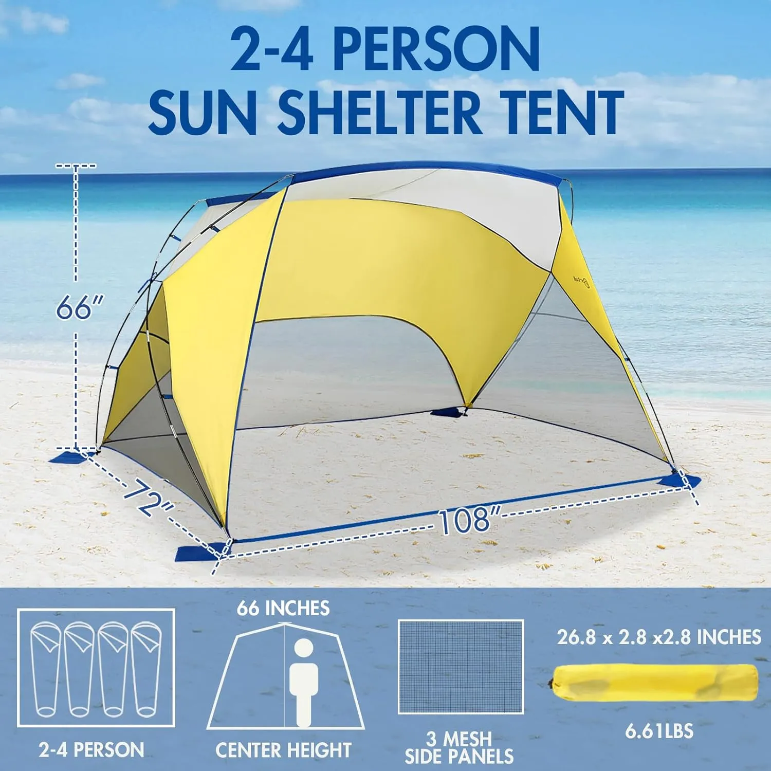 PORTAL POP Up Beach Tent, 2-4 Person UPF50  Beach Tent Sun Shelter, Open Front, Three Mesh Side Panels, A Mesh Side Pocket, Instant Sun Shelter with Carry Bag, Yellow