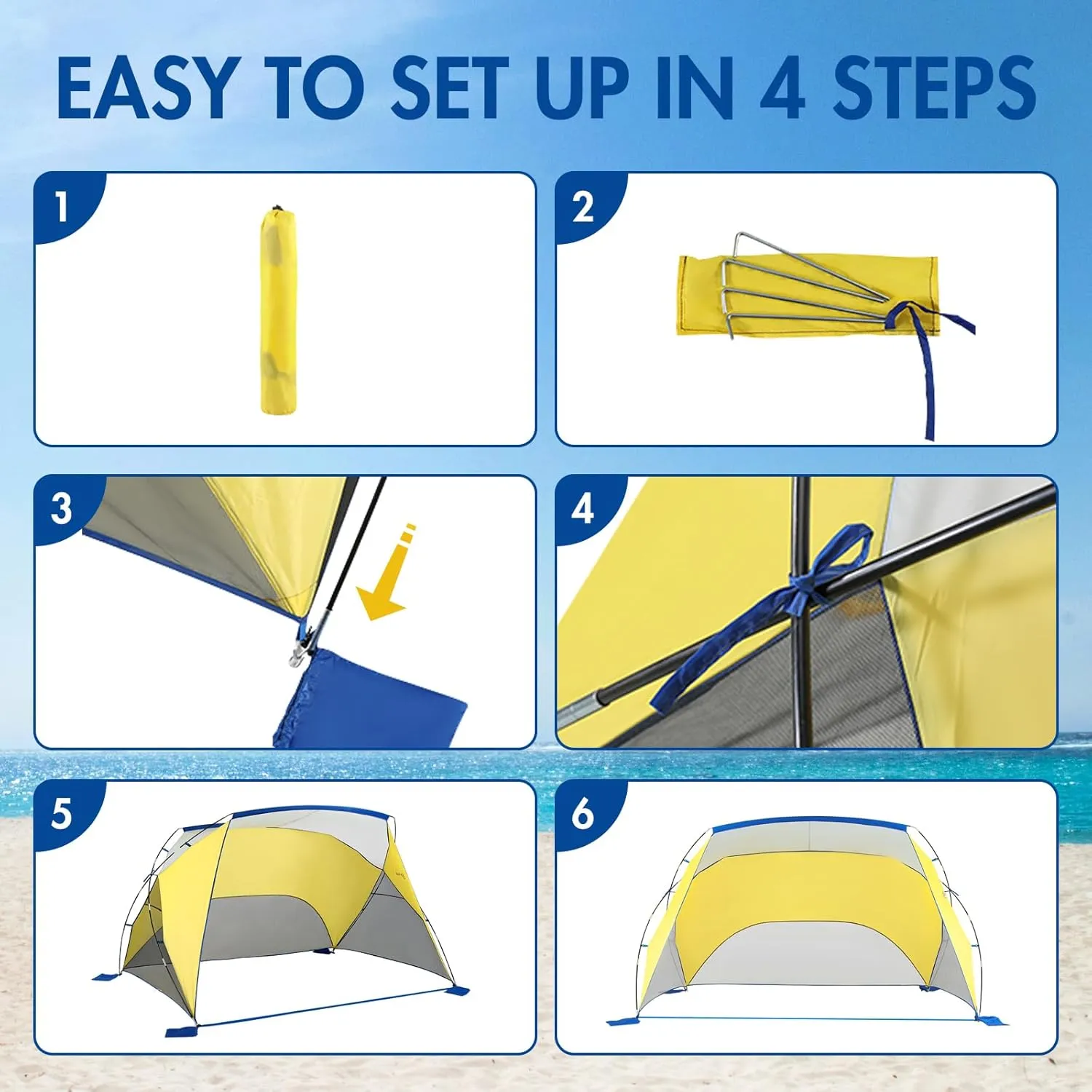 PORTAL POP Up Beach Tent, 2-4 Person UPF50  Beach Tent Sun Shelter, Open Front, Three Mesh Side Panels, A Mesh Side Pocket, Instant Sun Shelter with Carry Bag, Yellow