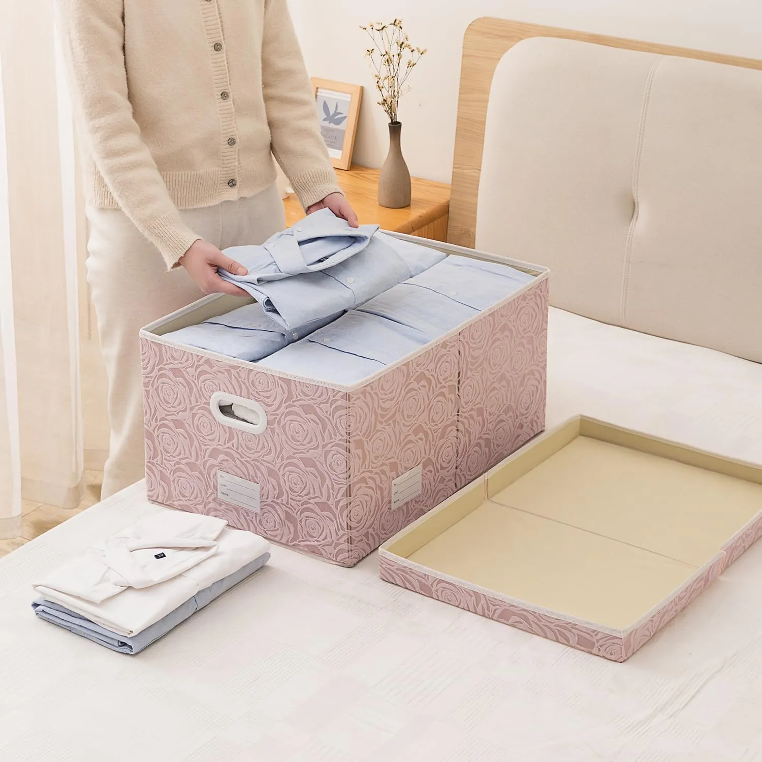 PRANDOM Jumbo Collapsible Storage Boxes with Lids Fabric Decorative Storage Bins Cubes Organizer Baskets with Cover Handles Divider for Bedroom Closet Living Room 23.2x15.7x11.6 Inch 3 Pack