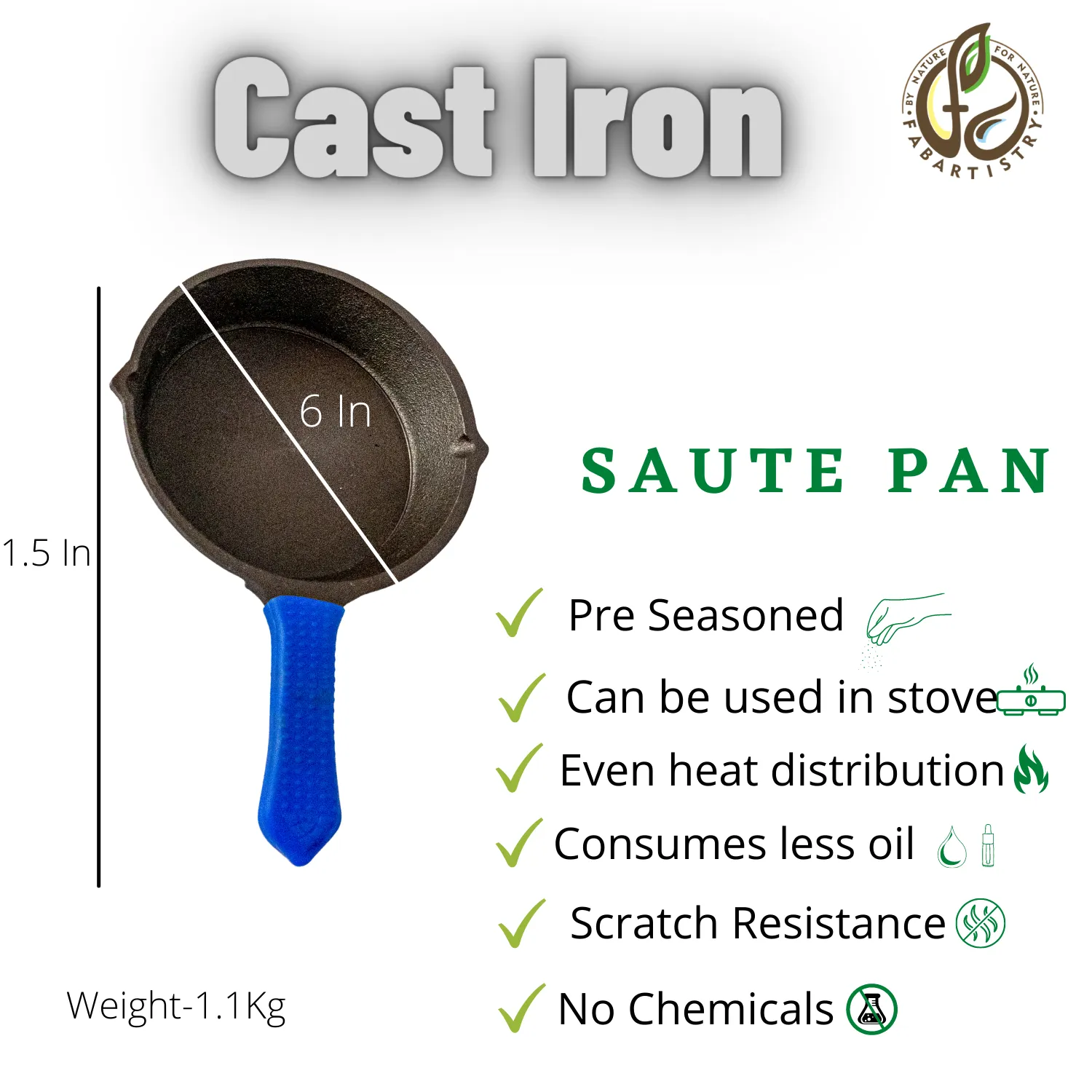 Pre-Seasoned Cast Iron Saute Pan with Silicon Grip(6")