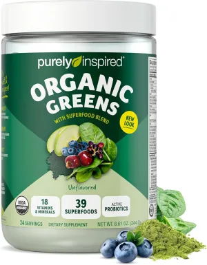Purely Inspired Organic Green Powder Smoothie Mix, Unflavored (24 Servings) - Probiotics for Digestive Health with Spirulina & Chlorella for Gut Health - Vegan & Gluten-Free