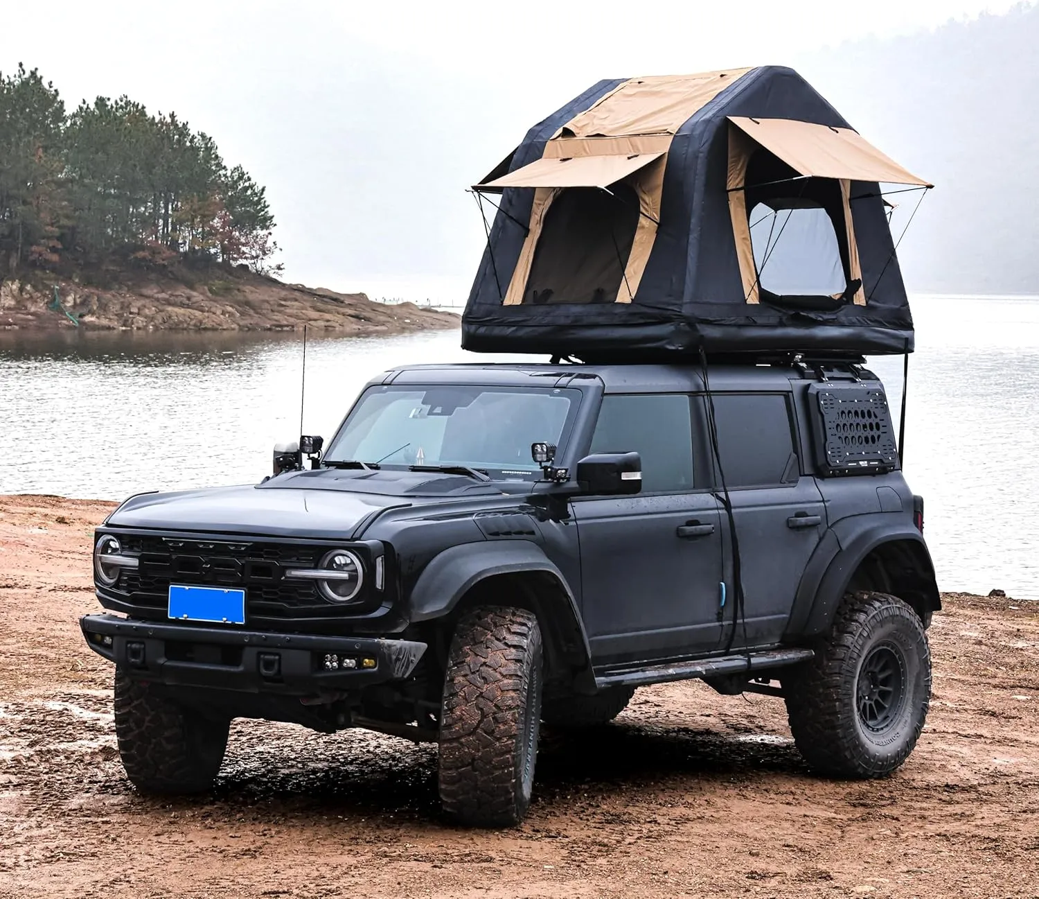 Quick Setup Inflatable Roof Top Tent for Camping, Easy to Inflate, Elevated Design, Khaki & Black