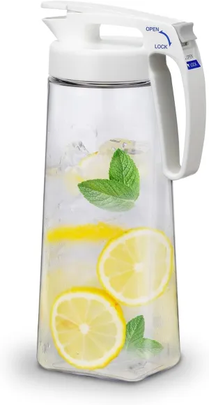 QuickServe Airtight Pitcher - 2.1L (70oz), Heat Resistant, BPA-Free SAN Plastic, One Touch Open & Close, Space-Saving, Made in Japan - White