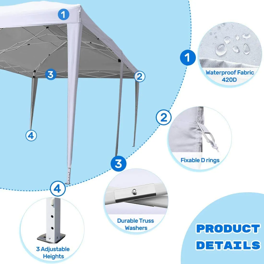 Quictent 10' x 20' EZ Pop up Canopy Without Sidewalls-White