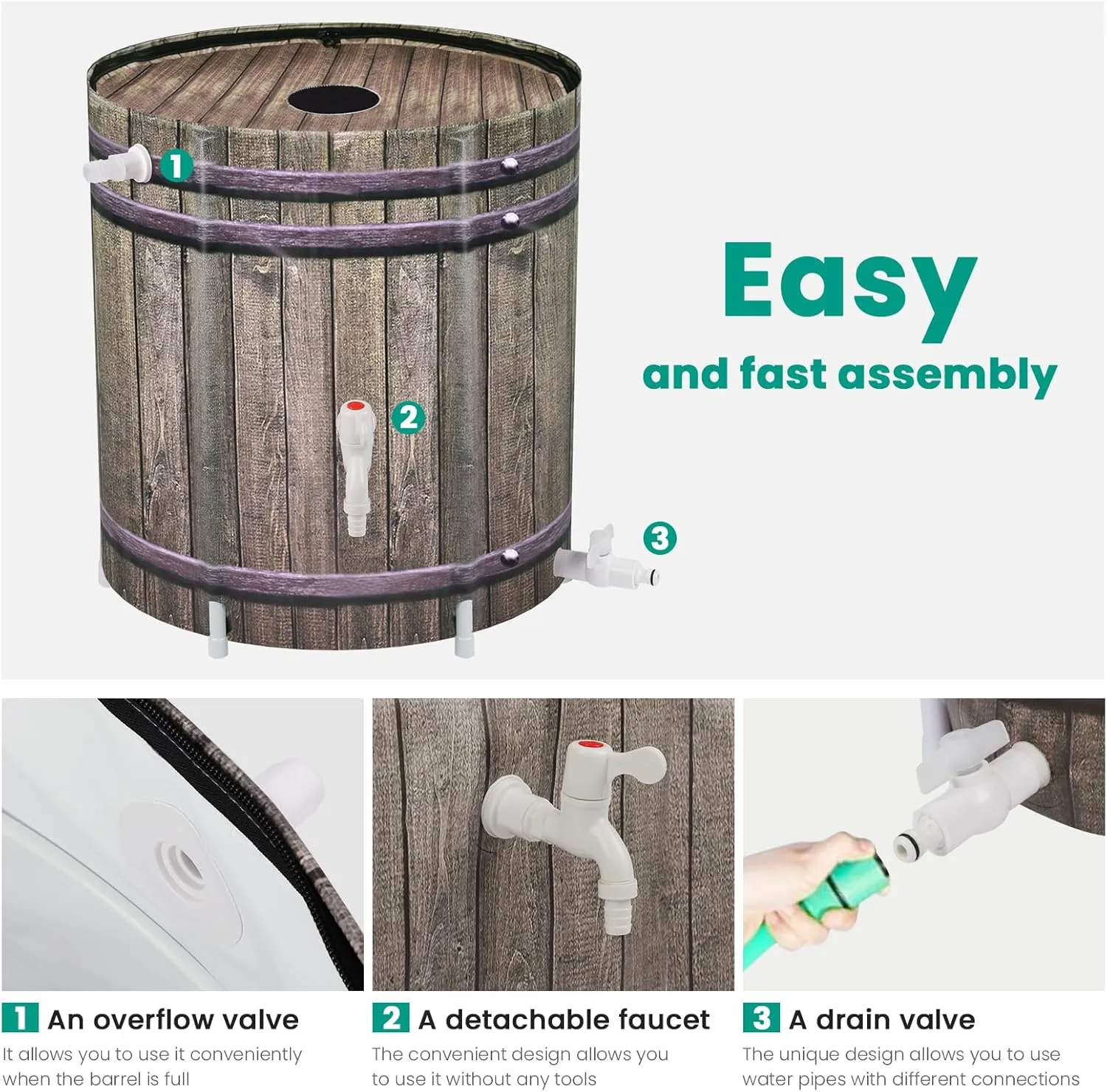 Rain Barrel,50 Gallon Collapsible Rainwater Collection with Spigots and Overflow Kit,Portable Plastic Rain Barrel with Filter, Anti-Collapse Rainwater Collection Container Woodgrain