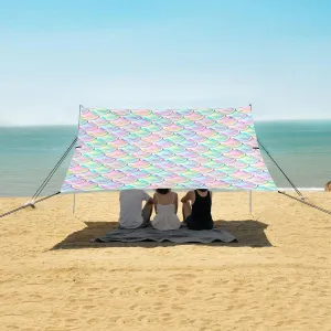 Rainbow Mermaid Scales Beach Canopy Tent Anti-UV & Wind Resistant, Colorful Texture Camping Sun Shelter Easy Setup Portable,Outdoor Shade Tents with Sandbags,Sand Shovels,Ground Pegs & Stability