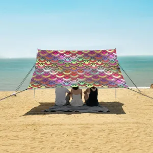 Rainbow Scales Fish Pattern Beach Canopy Tent Anti-UV & Wind Resistant, Camping Sun Shelter Easy Setup Portable,Outdoor Shade Tents with Sandbags,Sand Shovels,Ground Pegs & Stability Poles