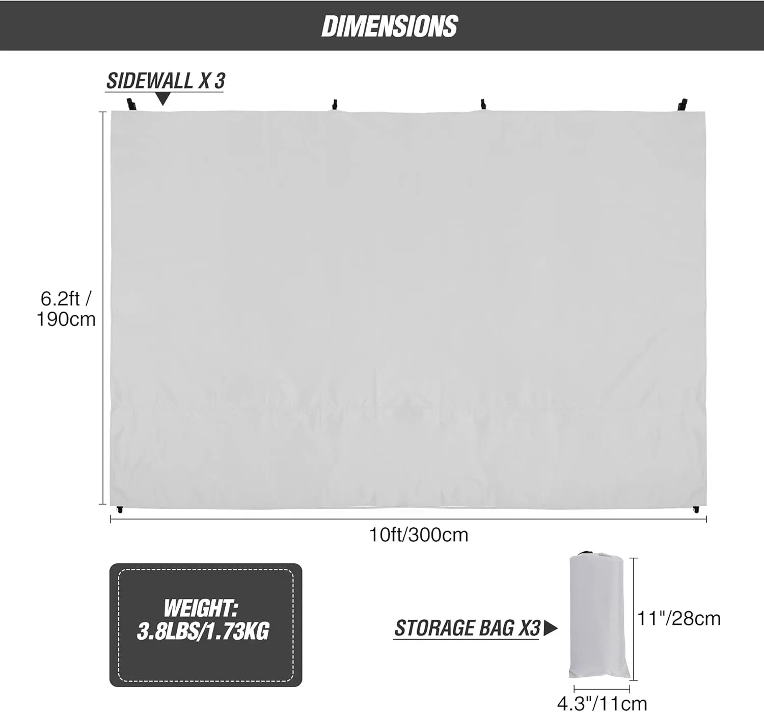 REDCAMP Instant Canopy Sidewall for 10x10ft Pop Up Canopy, 10x6.2ft, 3 Pack Sunwall, White/Silver (3 Sidewalls Only, Canopy Tent NOT Included)