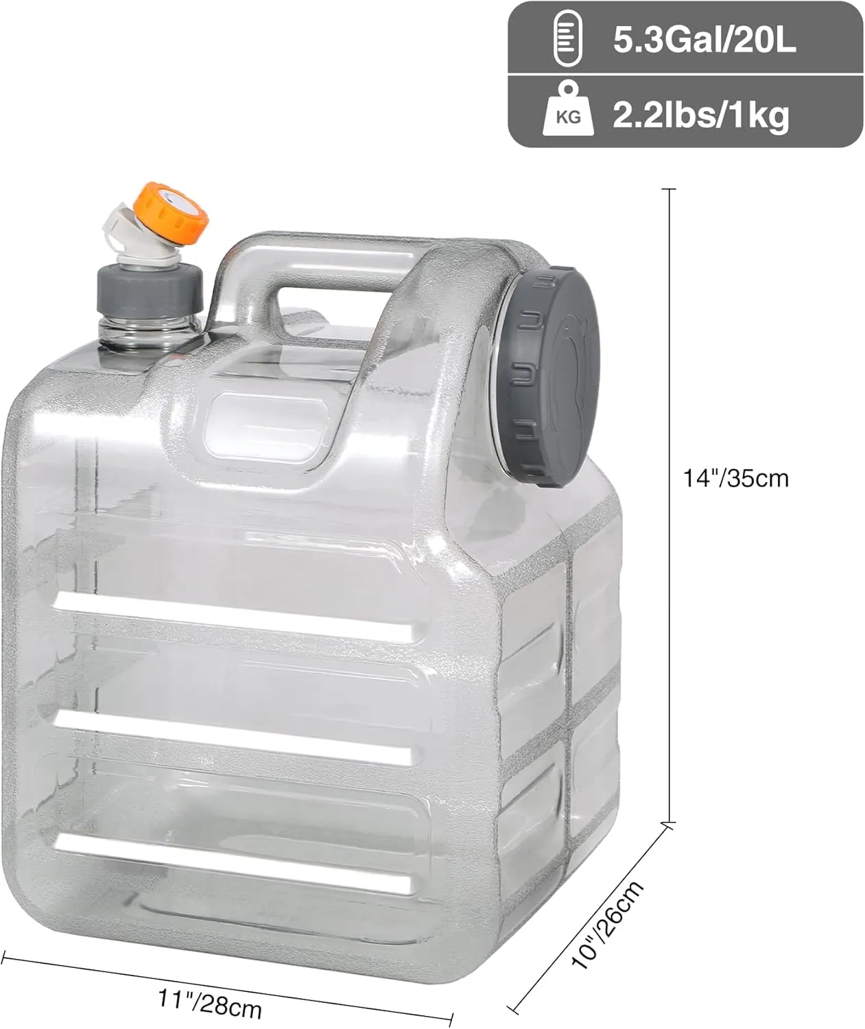 RedSwing 5.3 Gallon Water Container with Spigot, BPA Free Portable Water Storage Tank for Camping Outdoor Hiking Travel, PC Food Grade Thickened Bucket, Grey, 20L