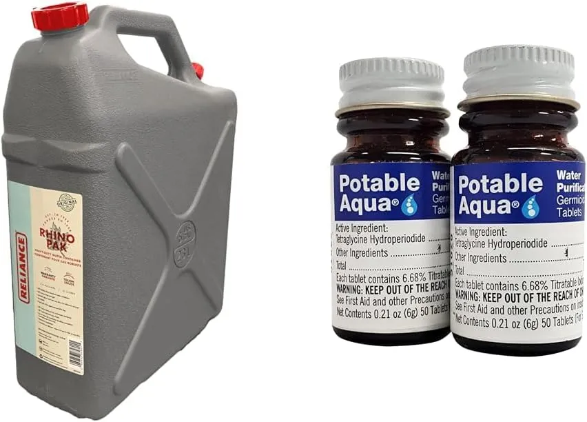 Reliance Rhino-Pak Heavy Duty Water Container, 8580-15 Bundle with 2 Bottles Potable Aqua Water Purification Tablets, 50ct