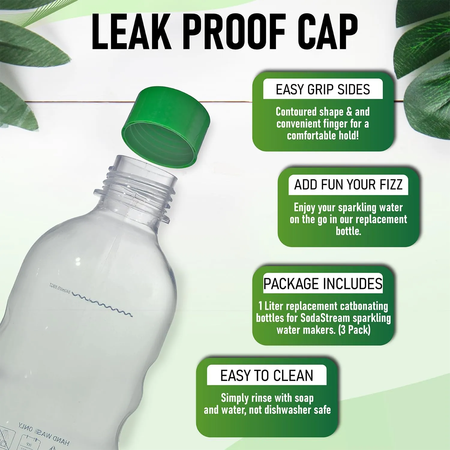 Replacement Carbonating Sparkling Water Bottles for SodaStream - 1 Liter, BPA-Free & Leak-Proof (Compatible with Fizzi, One Touch, Jet, Source, Play, Genesis, Power Models) - 3-Pack (Green)