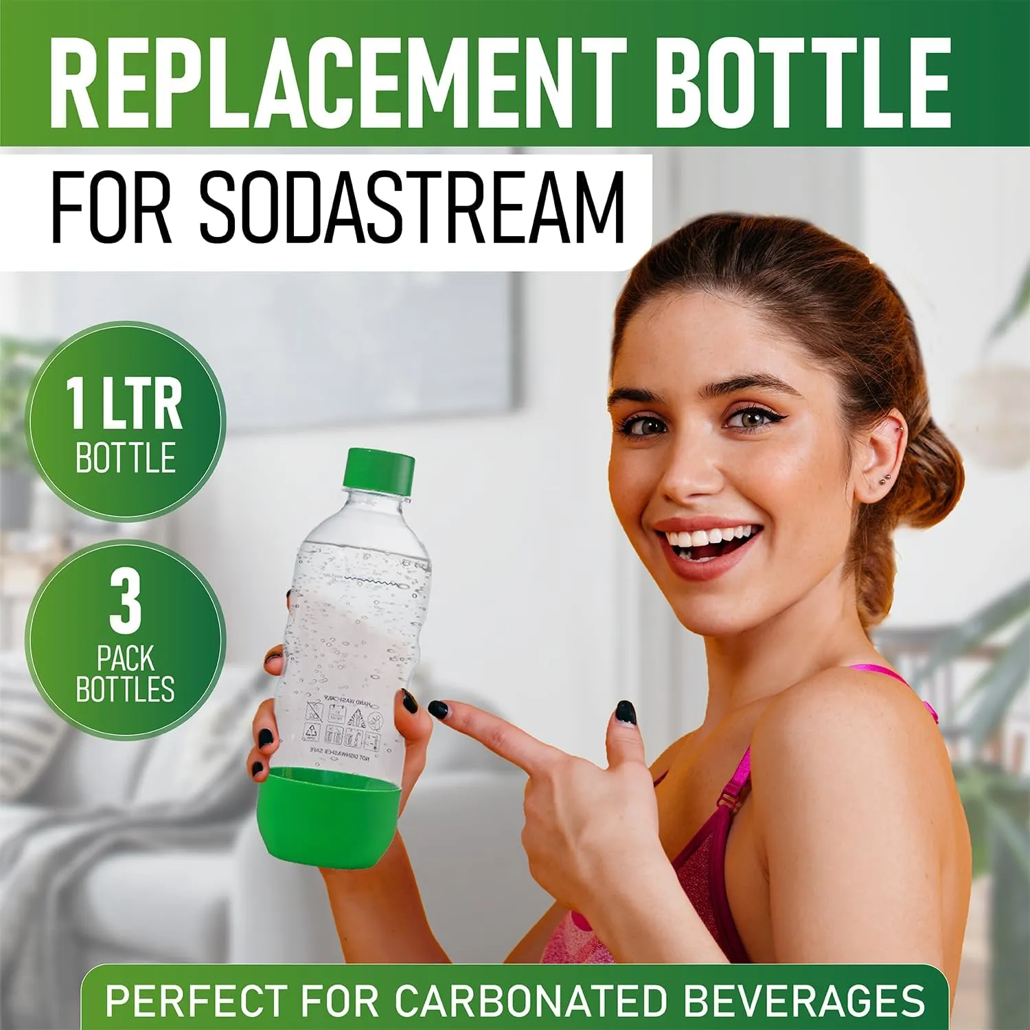 Replacement Carbonating Sparkling Water Bottles for SodaStream - 1 Liter, BPA-Free & Leak-Proof (Compatible with Fizzi, One Touch, Jet, Source, Play, Genesis, Power Models) - 3-Pack (Green)
