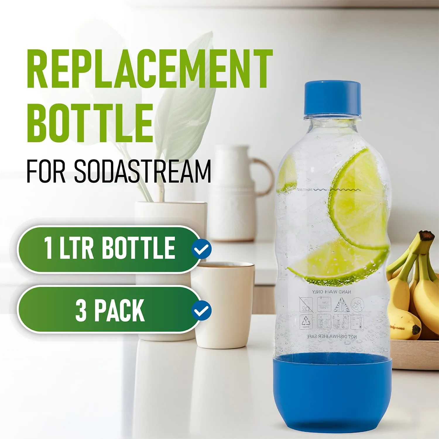 Replacement Carbonating Sparkling Water Bottles for SodaStream - 1 Liter, BPA-Free & Leak-Proof (Compatible with Fizzi, One Touch, Jet, Source, Play, Genesis, Power Models) - 3-Pack (Multi)