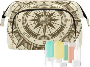Retro compass in Woodcut Style with Clipping Mask Women Cosmetic Bag Makeup Bag Stylish Trip Beauty Bag Travel Toiletry Bag with Bottle Organizer 10.2 x 5.9 x 6.7 inch
