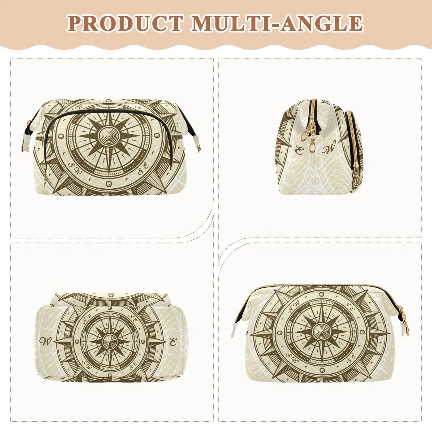 Retro compass in Woodcut Style with Clipping Mask Women Cosmetic Bag Makeup Bag Stylish Trip Beauty Bag Travel Toiletry Bag with Bottle Organizer 10.2 x 5.9 x 6.7 inch