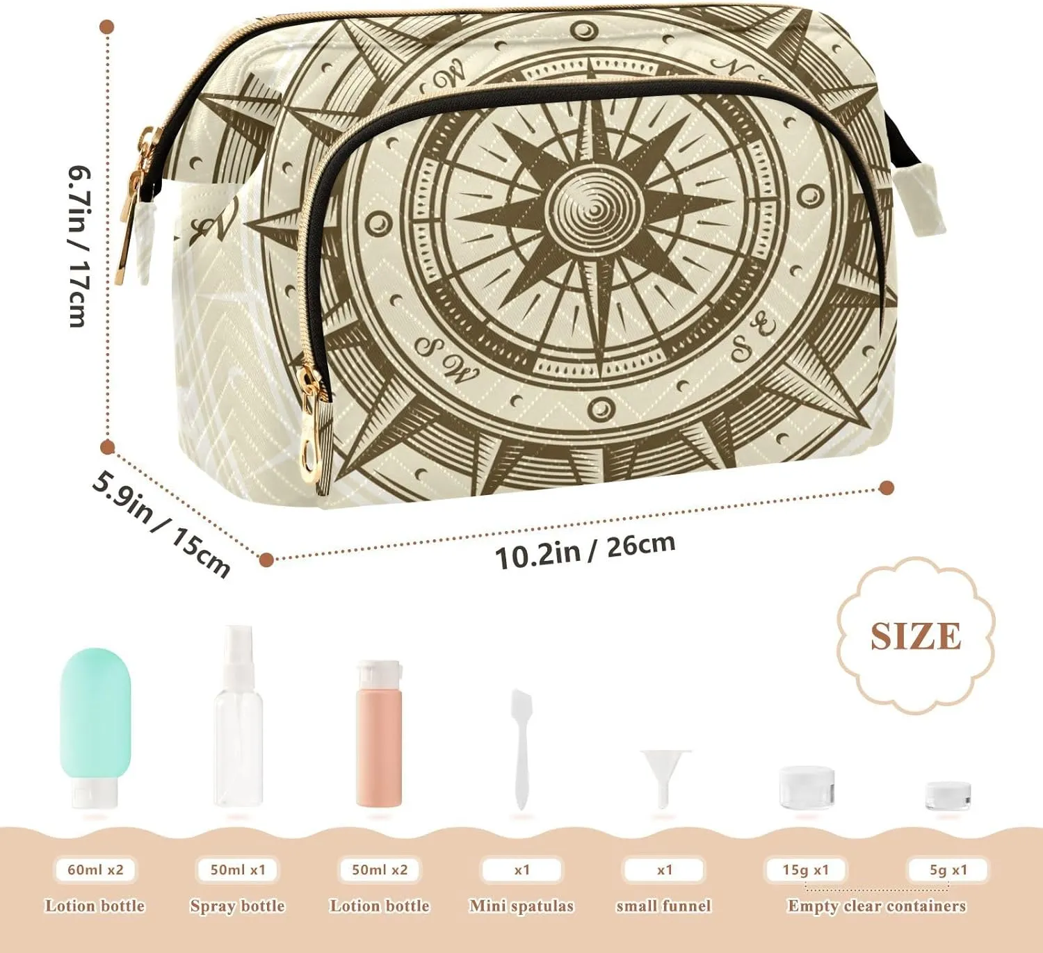 Retro compass in Woodcut Style with Clipping Mask Women Cosmetic Bag Makeup Bag Stylish Trip Beauty Bag Travel Toiletry Bag with Bottle Organizer 10.2 x 5.9 x 6.7 inch