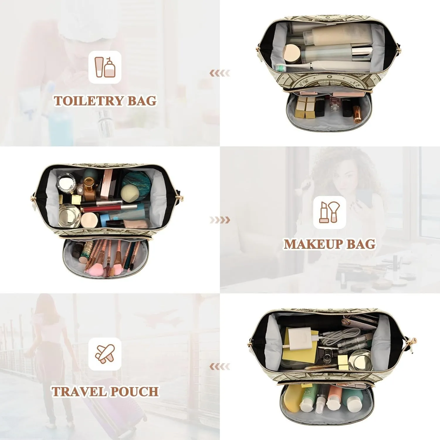 Retro compass in Woodcut Style with Clipping Mask Women Cosmetic Bag Makeup Bag Stylish Trip Beauty Bag Travel Toiletry Bag with Bottle Organizer 10.2 x 5.9 x 6.7 inch