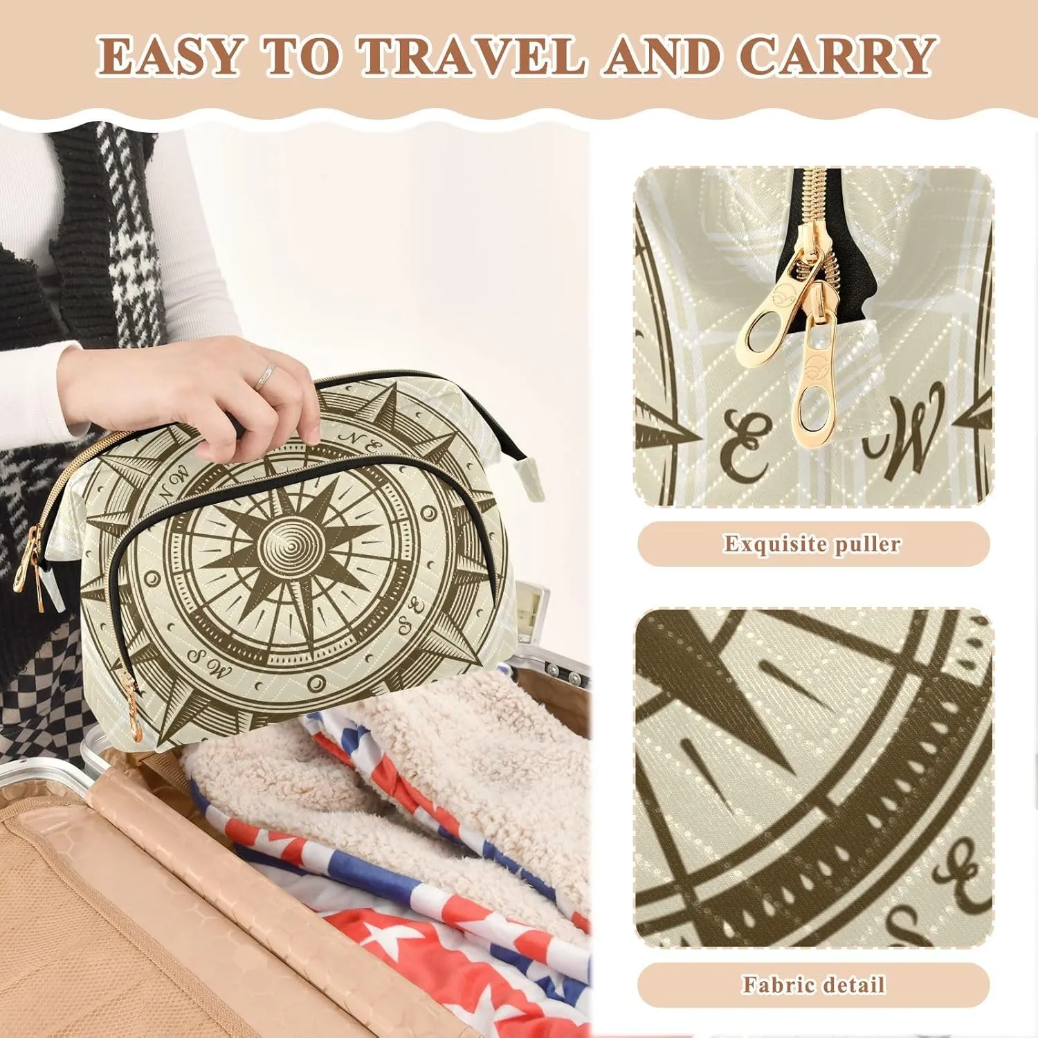 Retro compass in Woodcut Style with Clipping Mask Women Cosmetic Bag Makeup Bag Stylish Trip Beauty Bag Travel Toiletry Bag with Bottle Organizer 10.2 x 5.9 x 6.7 inch