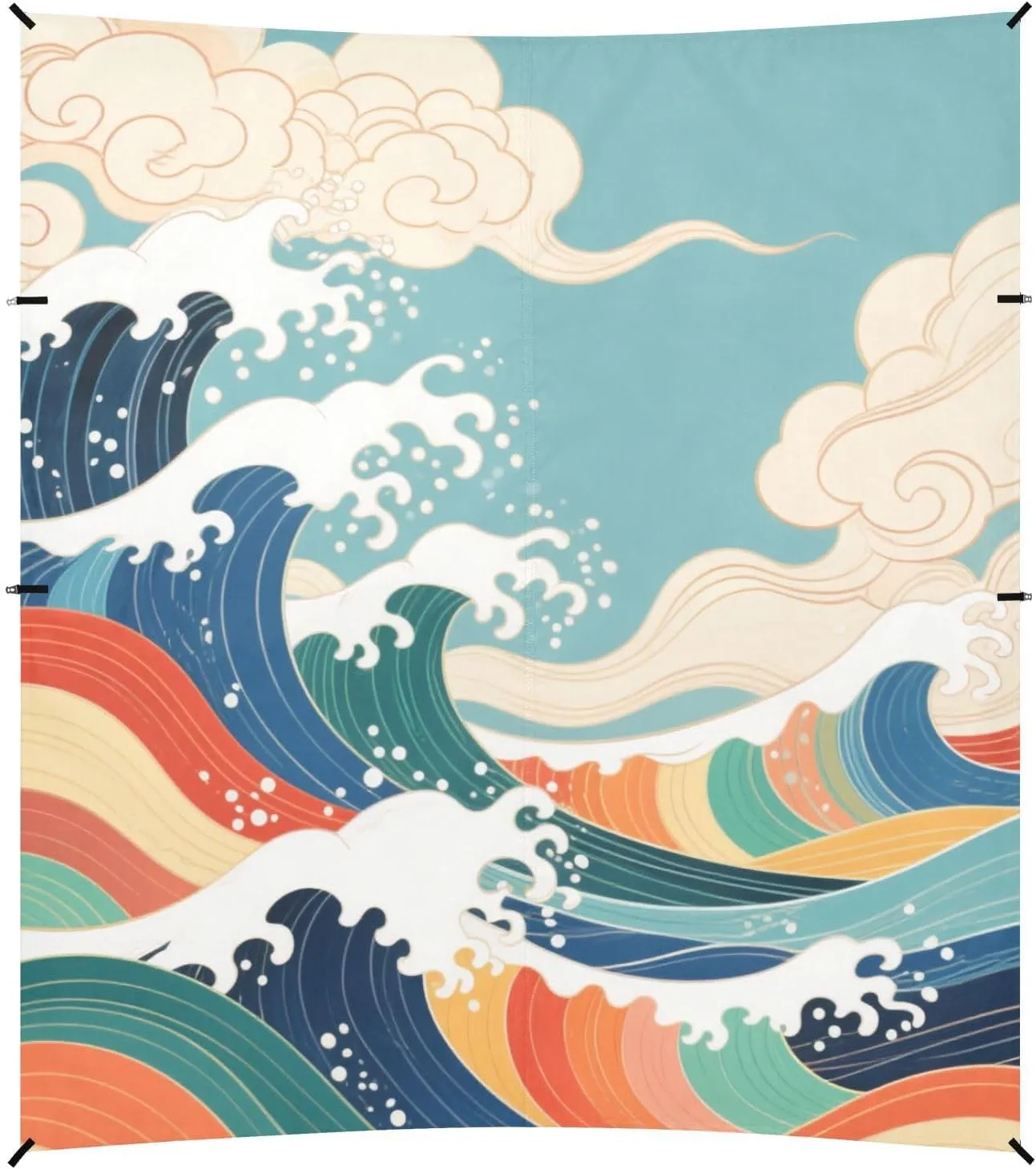 Retro Japanese Colorful Waves Foldable Beach Tent UPF50  Protection Lightweight Sun Shelter with Sandbags and Shovel for Family Trips, Picnics & Camping