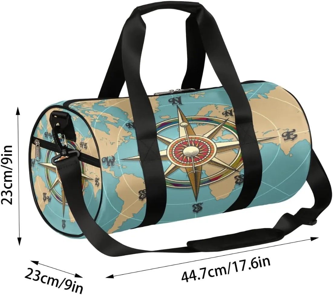 Retro Vintage Compass Map Gym Bag Small Gym Duffel Bags for Men Women Overnight Weekender Bag Lightweight Sport Duffle Bag Carry On Gymbag