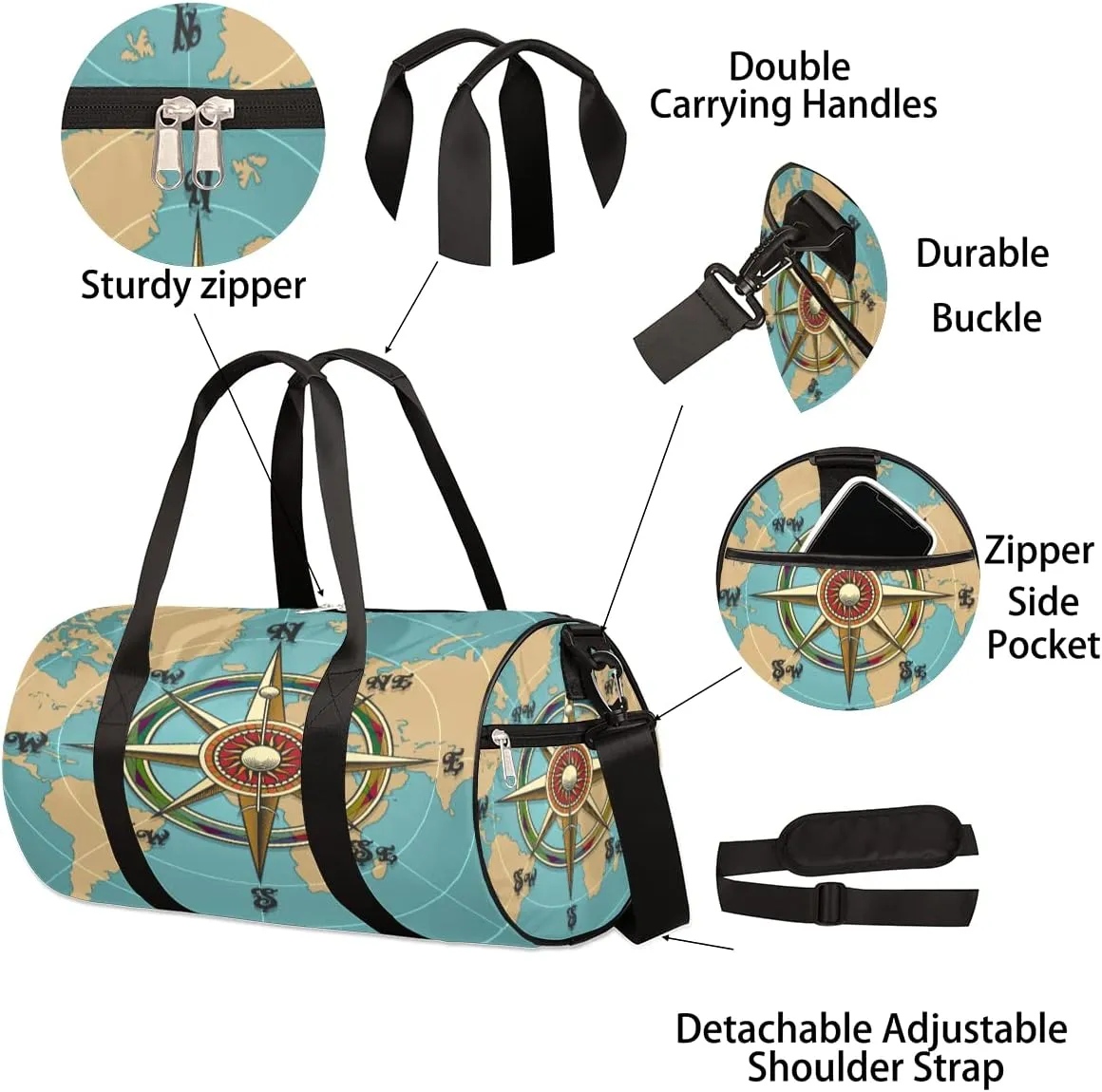 Retro Vintage Compass Map Gym Bag Small Gym Duffel Bags for Men Women Overnight Weekender Bag Lightweight Sport Duffle Bag Carry On Gymbag