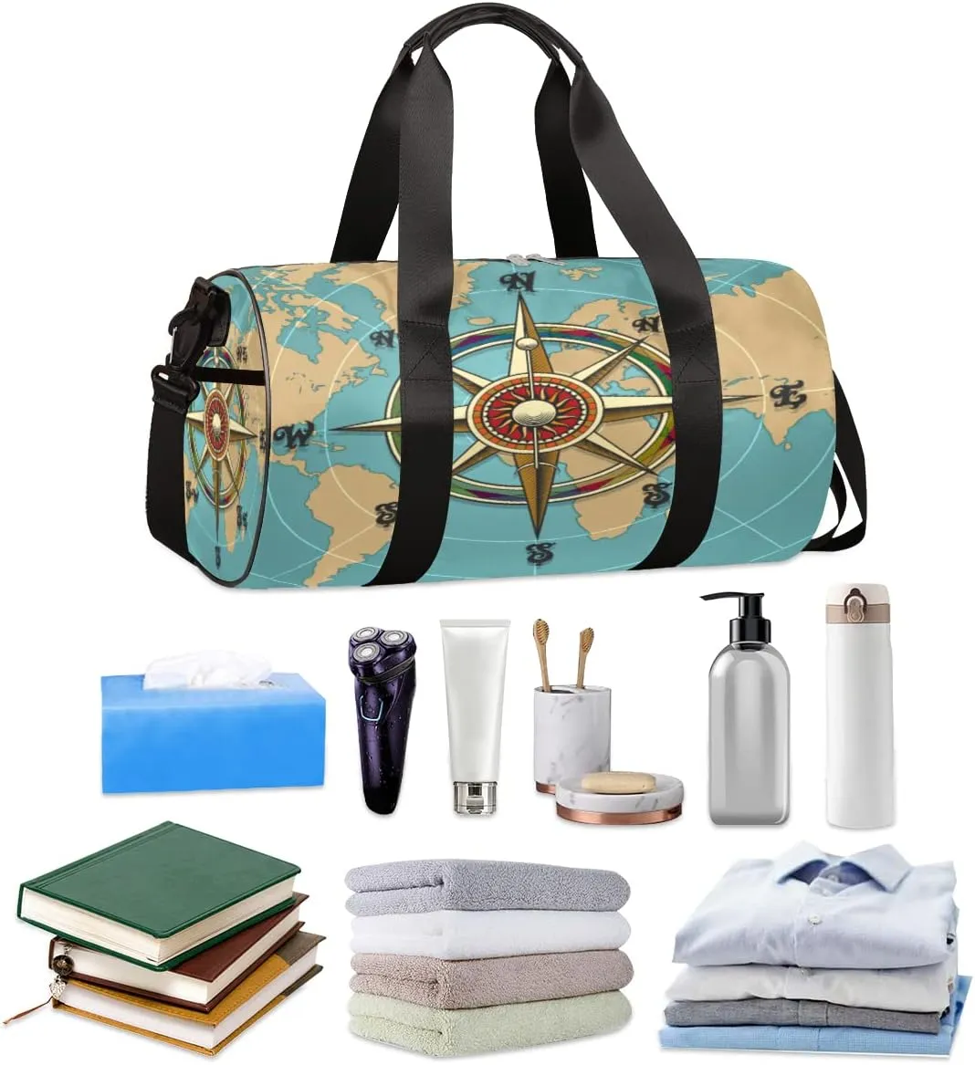 Retro Vintage Compass Map Gym Bag Small Gym Duffel Bags for Men Women Overnight Weekender Bag Lightweight Sport Duffle Bag Carry On Gymbag