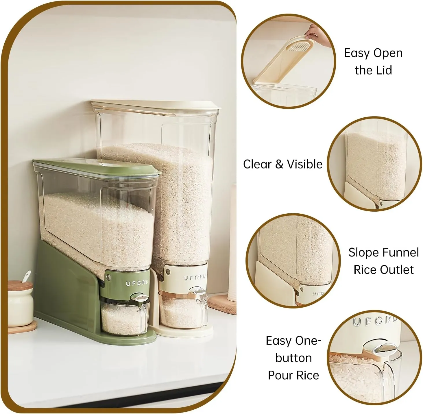 Rice Dispenser 20Lbs, Slim Rice Storage Container for Small Space, BPA-Free Clear Dry Food Dispenser Sealed Moisture Proof, Grain&Cereal Storage Bucket for Kitchen Pantry Household,Green