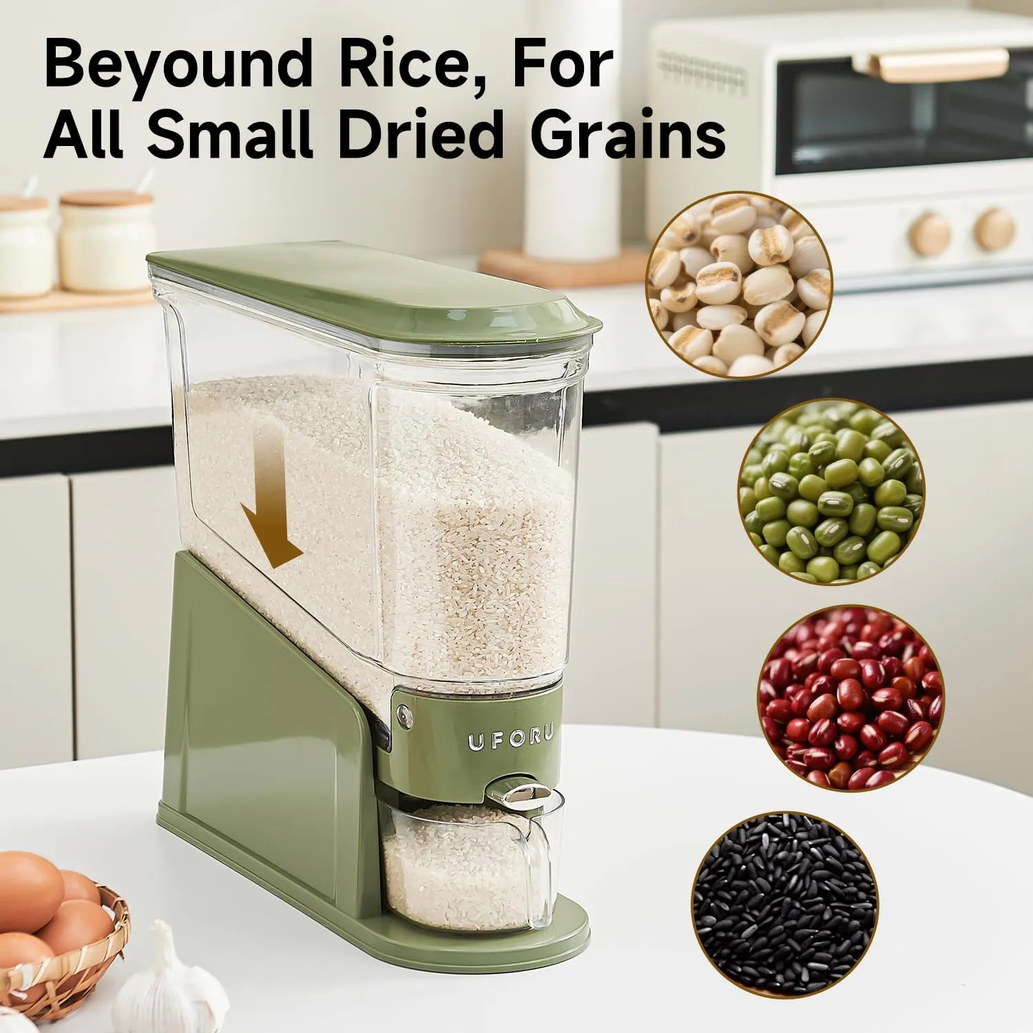 Rice Dispenser 20Lbs, Slim Rice Storage Container for Small Space, BPA-Free Clear Dry Food Dispenser Sealed Moisture Proof, Grain&Cereal Storage Bucket for Kitchen Pantry Household,Green