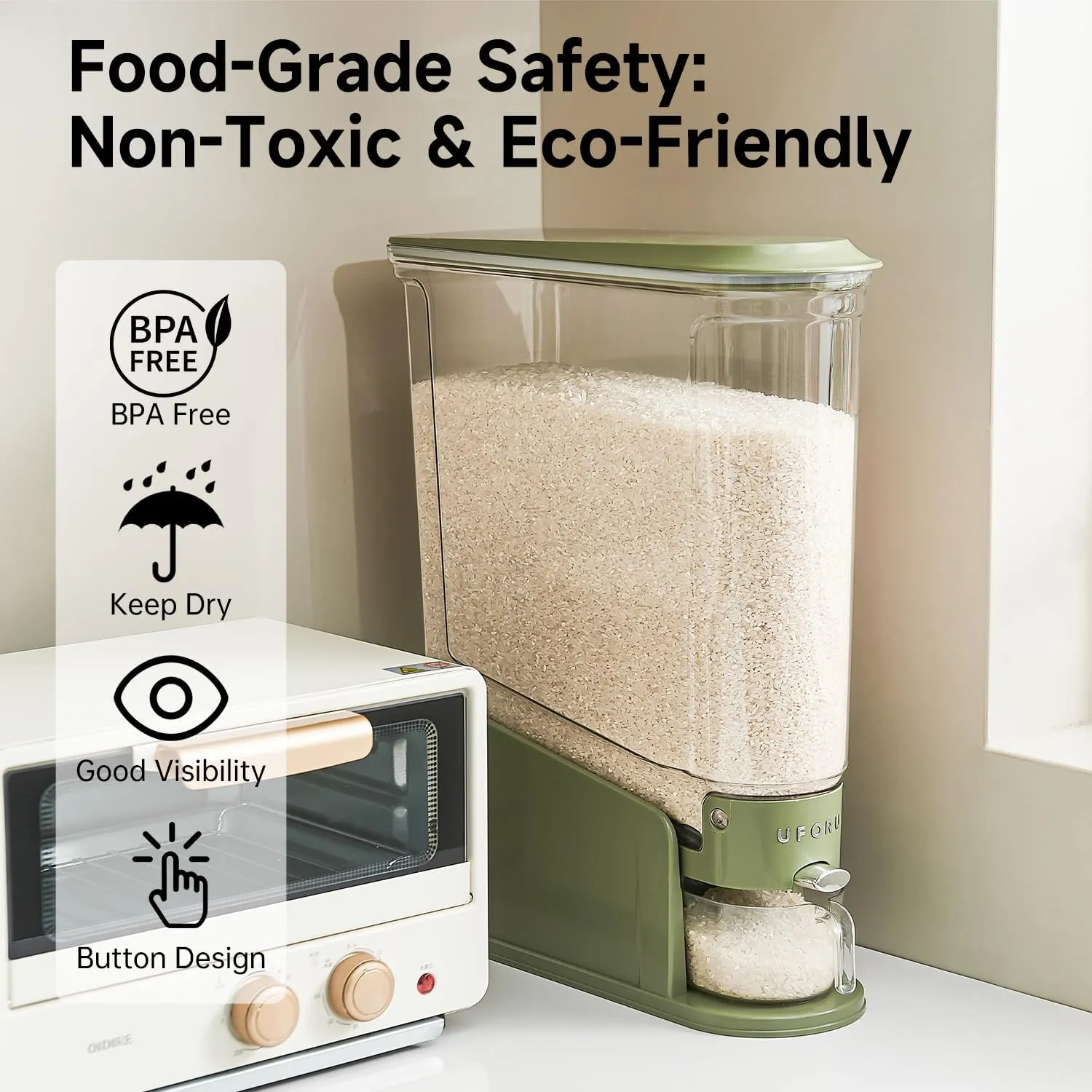 Rice Dispenser 20Lbs, Slim Rice Storage Container for Small Space, BPA-Free Clear Dry Food Dispenser Sealed Moisture Proof, Grain&Cereal Storage Bucket for Kitchen Pantry Household,Green
