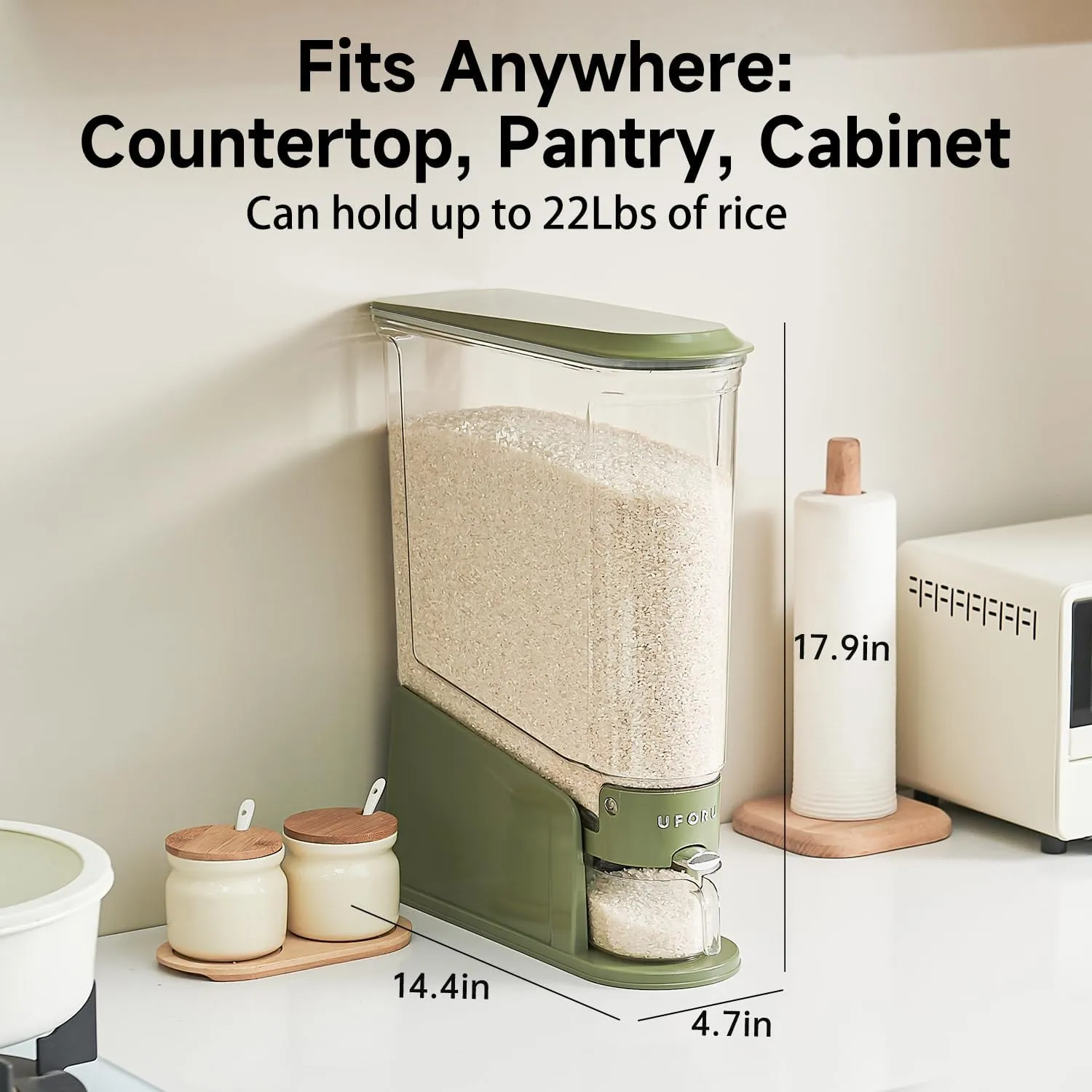 Rice Dispenser 20Lbs, Slim Rice Storage Container for Small Space, BPA-Free Clear Dry Food Dispenser Sealed Moisture Proof, Grain&Cereal Storage Bucket for Kitchen Pantry Household,Green