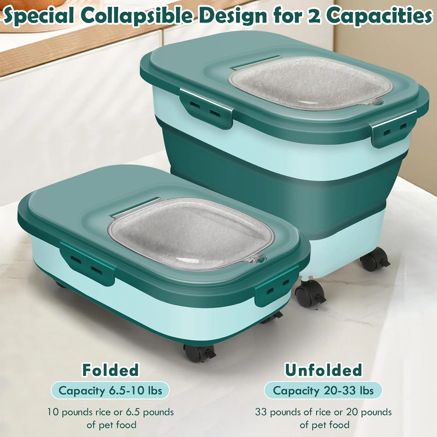 Rice Storage Container, 20Lbs Flour Container, Airtight Large Pet Dog Cat Food Storage Dispenser Bin with Wheels, Scoop & Measuring Cup, Collapsible Kitchen Dry Food Holder for Rice Cereal Kibble