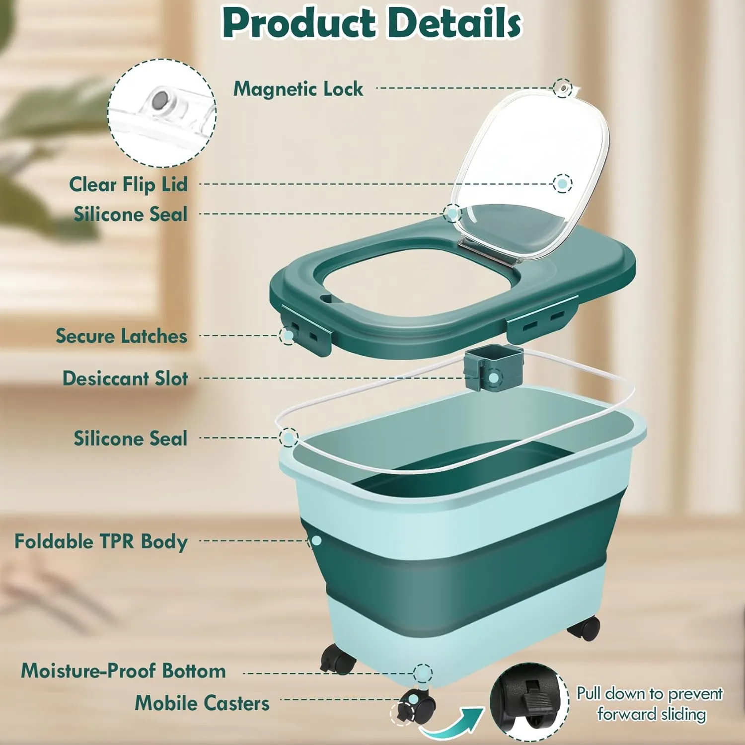 Rice Storage Container, 20Lbs Flour Container, Airtight Large Pet Dog Cat Food Storage Dispenser Bin with Wheels, Scoop & Measuring Cup, Collapsible Kitchen Dry Food Holder for Rice Cereal Kibble