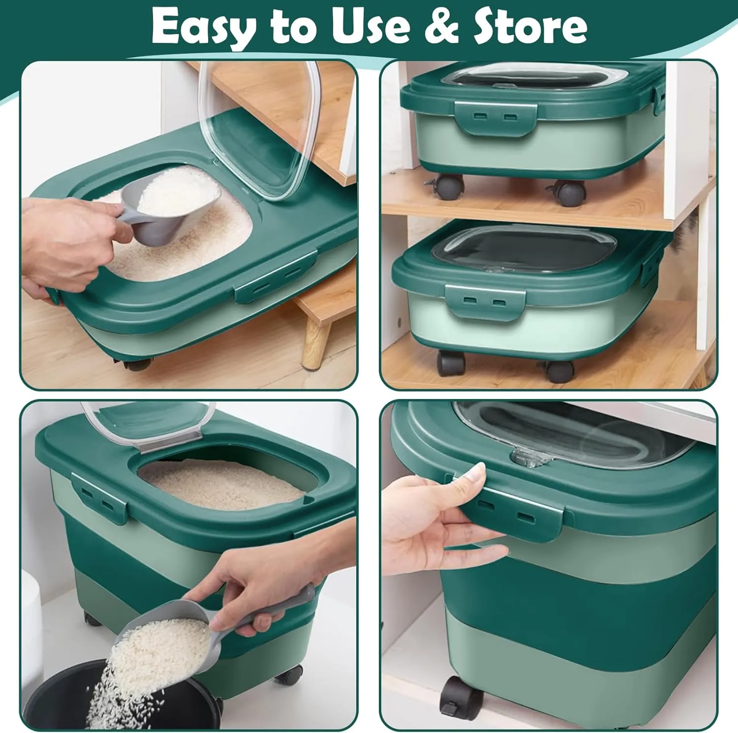 Rice Storage Container, 20Lbs Flour Container, Airtight Large Pet Dog Cat Food Storage Dispenser Bin with Wheels, Scoop & Measuring Cup, Collapsible Kitchen Dry Food Holder for Rice Cereal Kibble